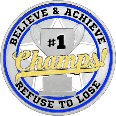 Gold "Champs!" with Royal Blue Outer Circular Borders
